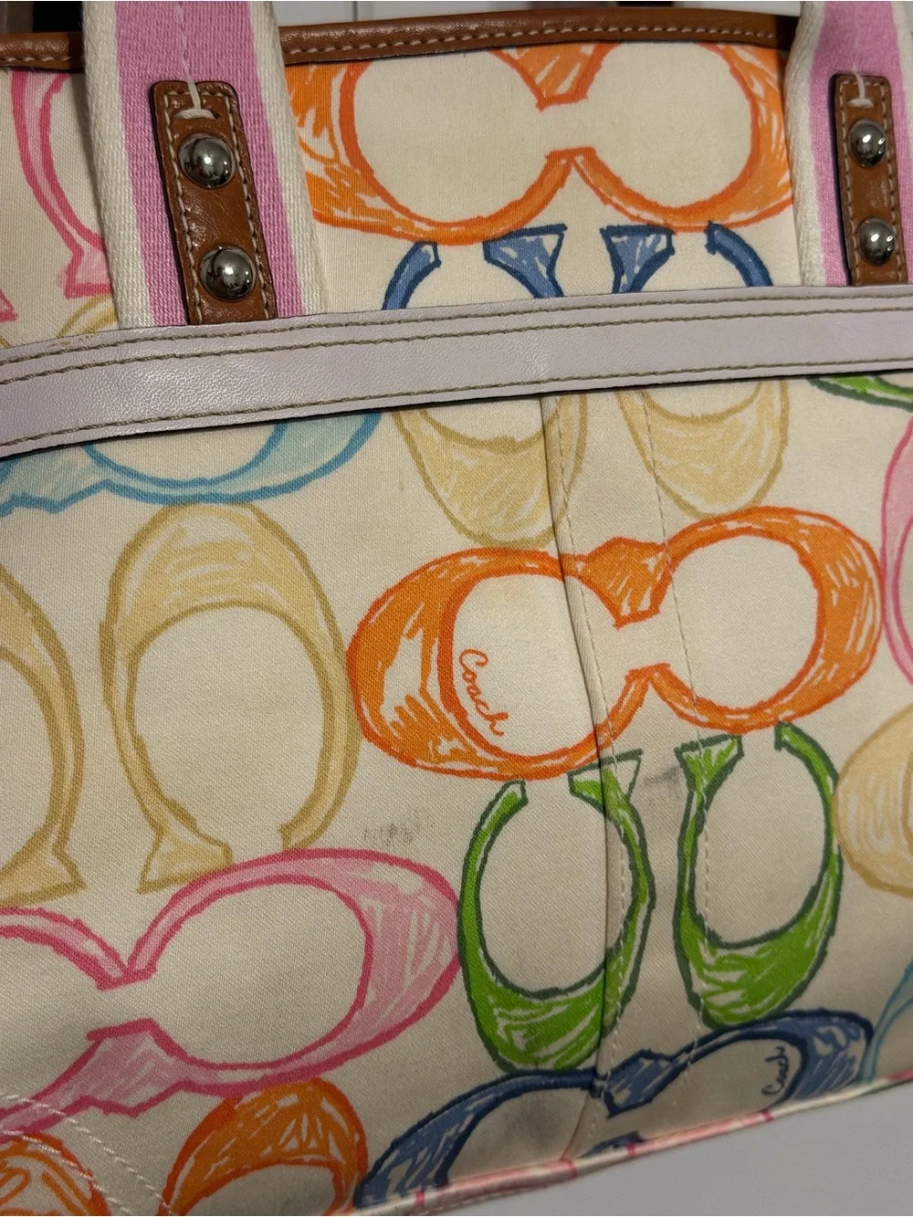 Coach 2007 Scribble Multicolor Tote Pink Trim Handles